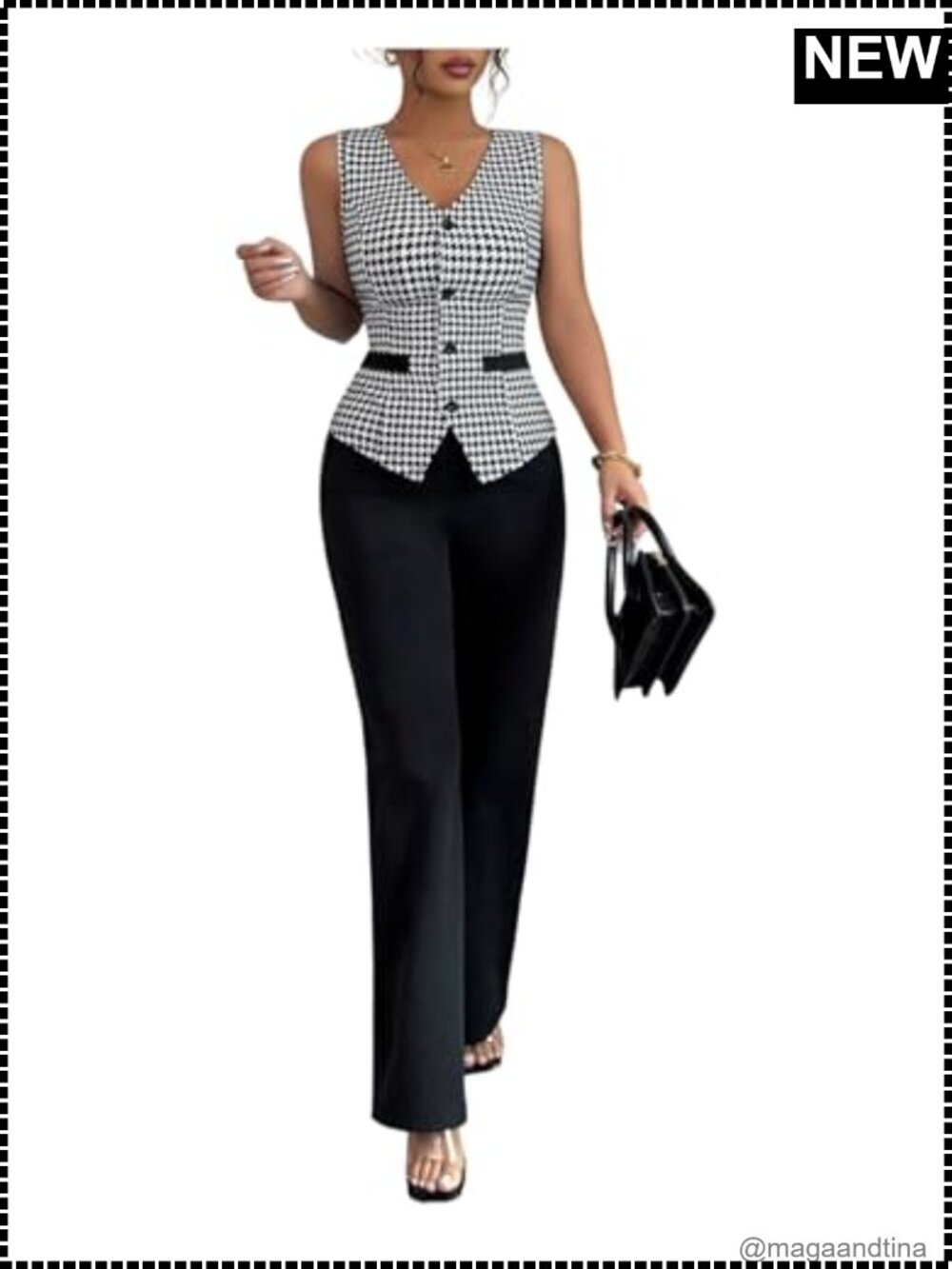 Women's 2 Piece Plaid Houndstooth Vest Pants Set Sleeveless Button Front